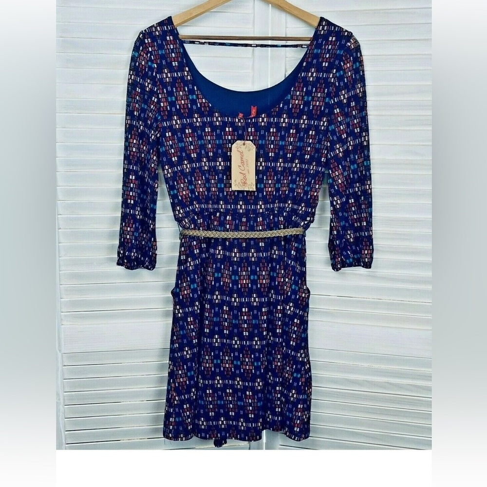 Red Camel NWT 3/4 Sleeve Belt Dress Side Pockets Lined Short Blue Red White Aqua